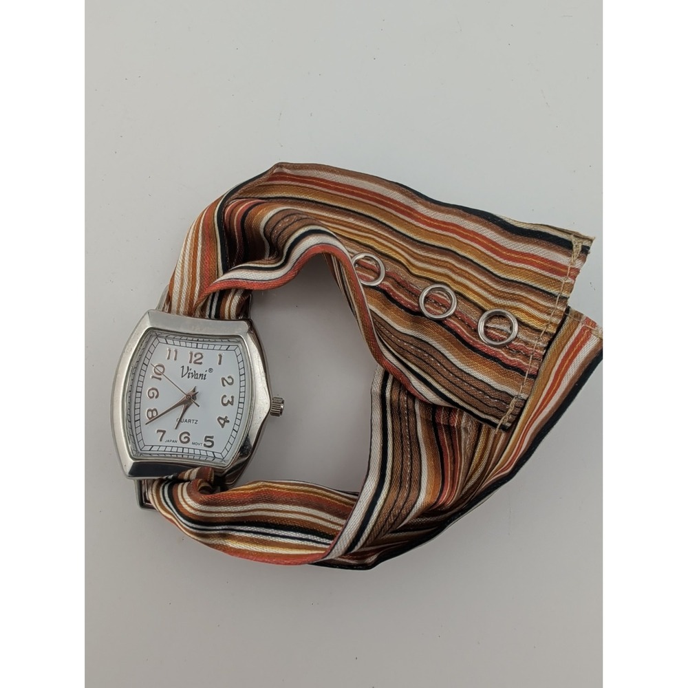 Vivani Women's Watch 28mm Silver Case Orange/Brown Fabric Band- New Battery